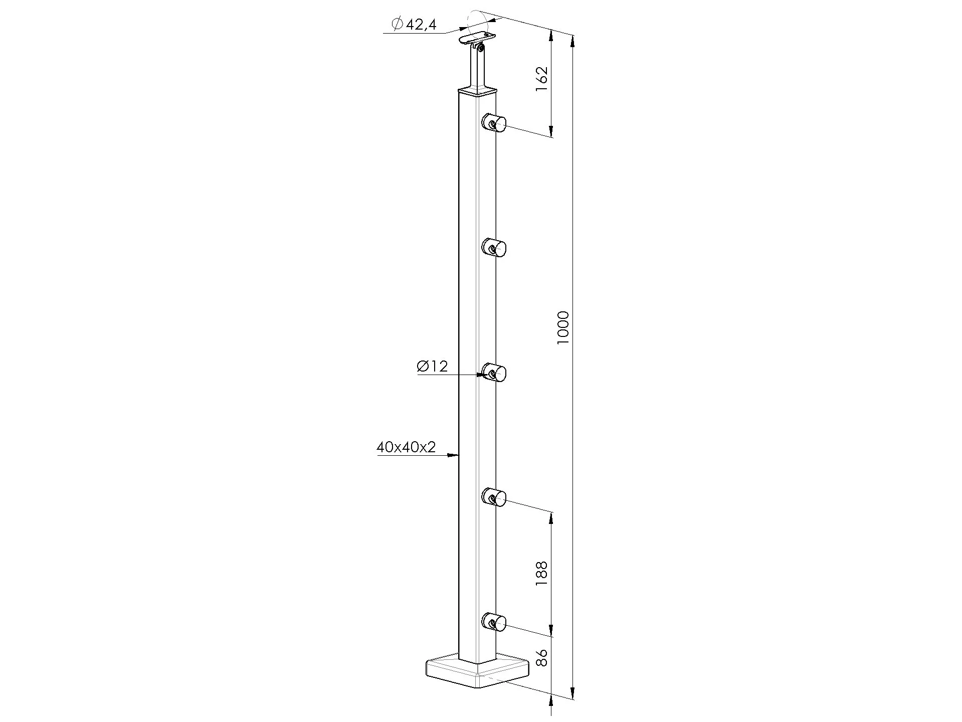 Poteaux 40*40 inox 304 pose à plat 5 barres ∅12mm – Image 4
